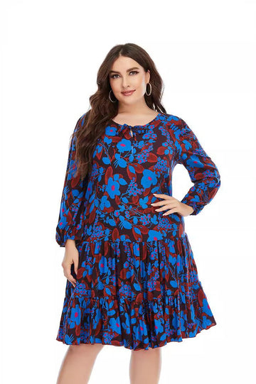 Woochic robe grande taille col en rond imprimé manches longues bleu1 1XL